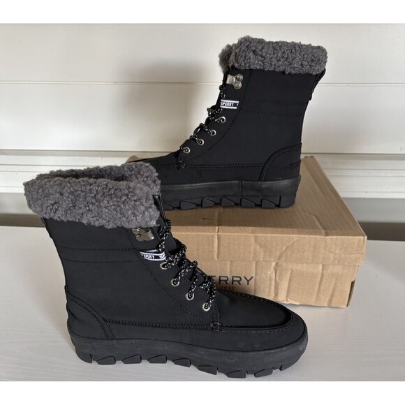 Sperry Juneau Lace Up Winter Boots Womens 8 Black Gray STS86817 - Picture 1 of 7